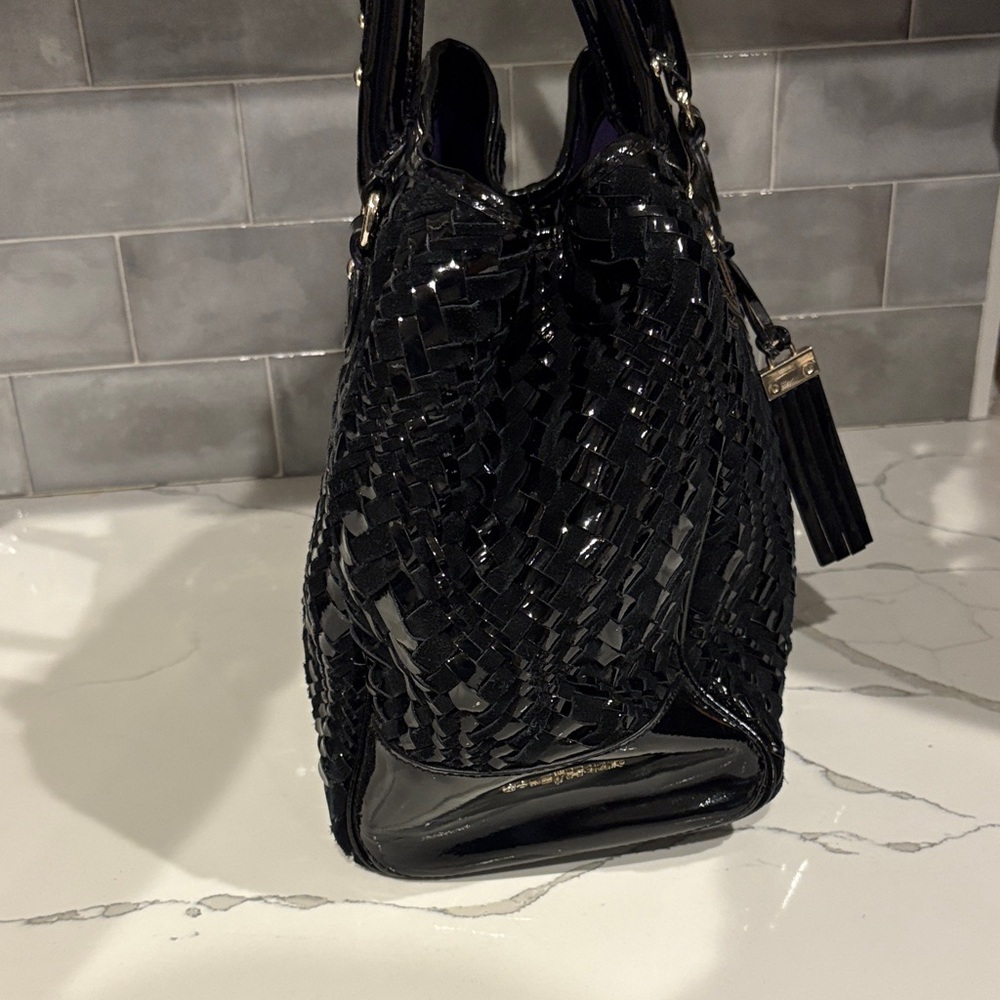 Cole Haan Black Woven Patent Leather & Suede Shoulder Bag, Purple Lining. - Picture 5 of 9